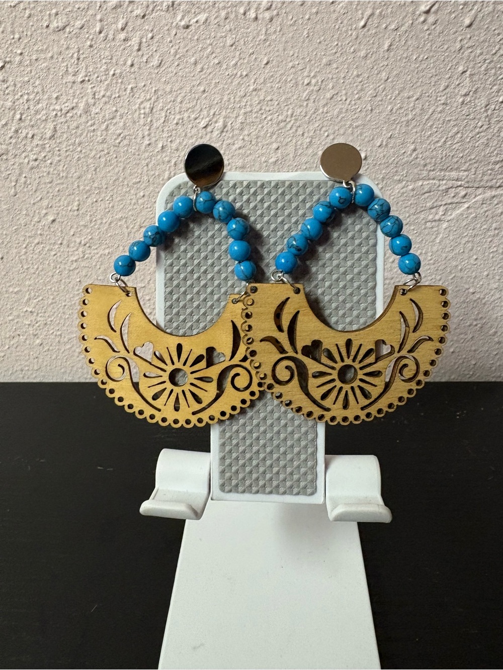 Boho Wooden Floral Cutout Hoop Earrings with Turquoise Beads - Picture 1 of 4